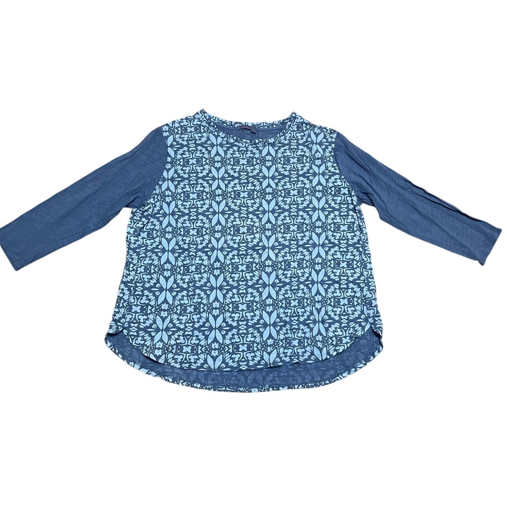 Fresh Produce Women's 1X Blue Geometric Medallion Floral Cotton Top Solid Sleeve